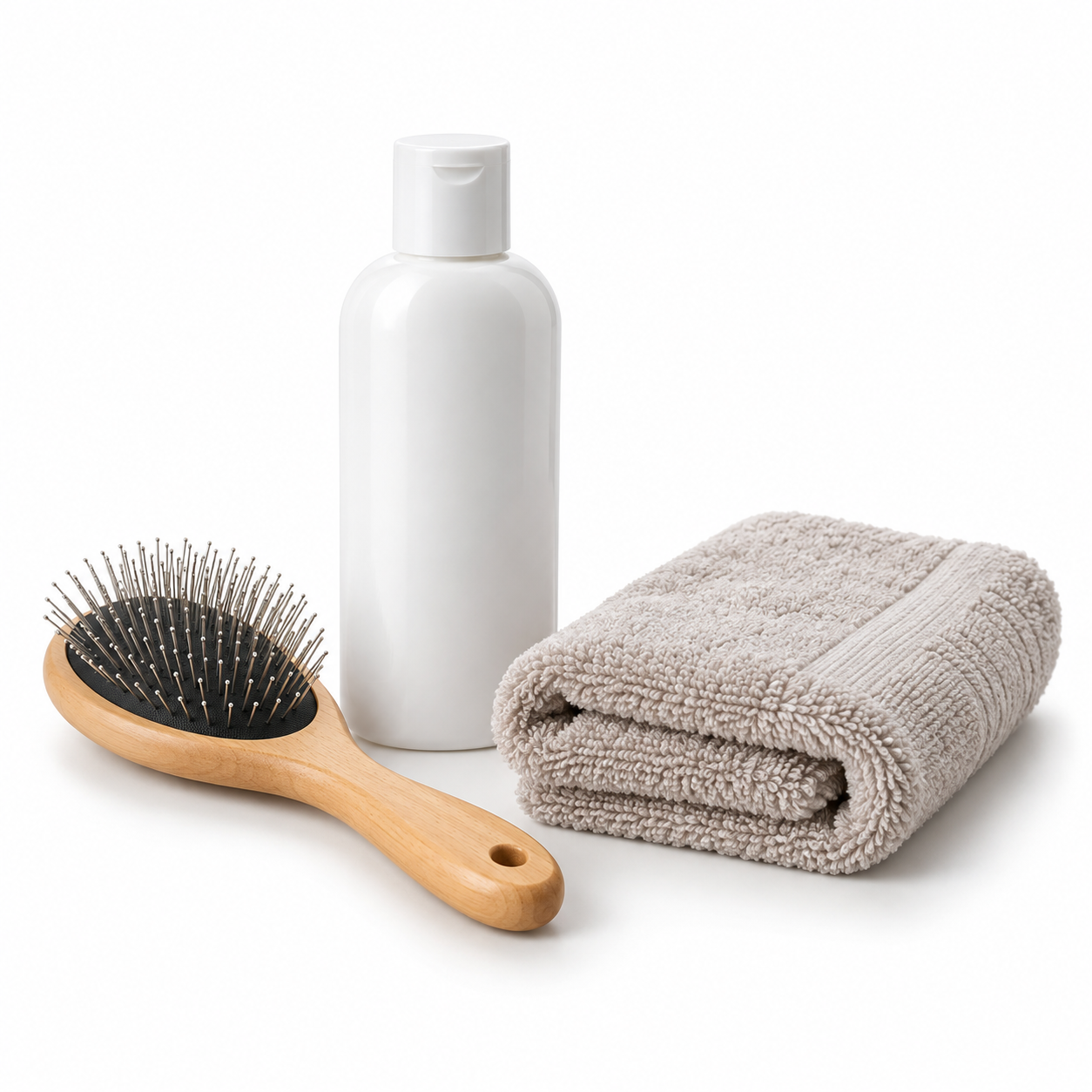 Imagem ilustrativa de escova, shampoo e toalha para banho e tosa