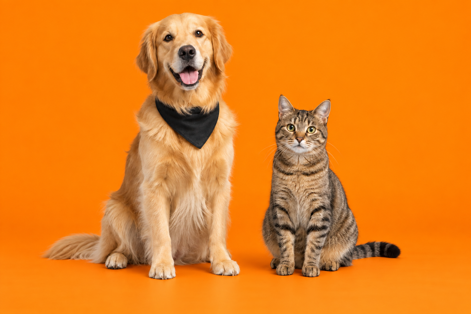 Cachorro golden retriever e gato lado a lado