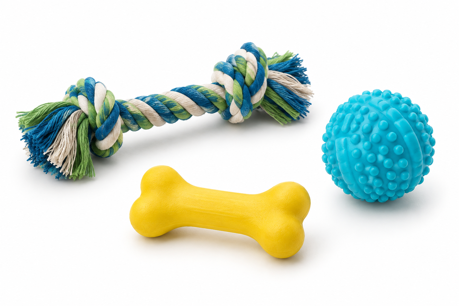 Exemplos ilustrativos de brinquedos: corda, bolinha e mordedor em fundo branco